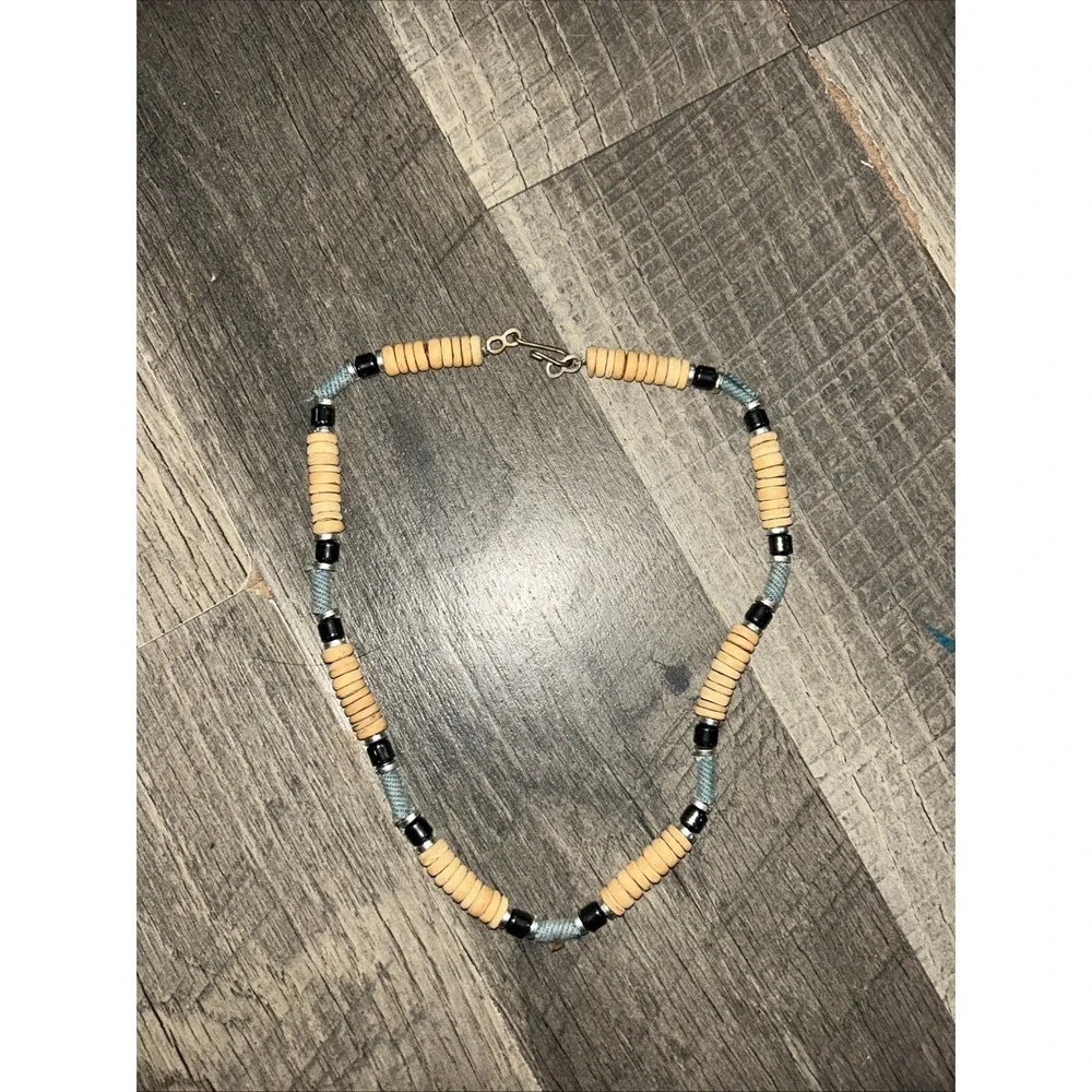 Vintage Chunky Hippie Boho Tribal Cream Wooden Bead Necklace Stretch Unique Gift